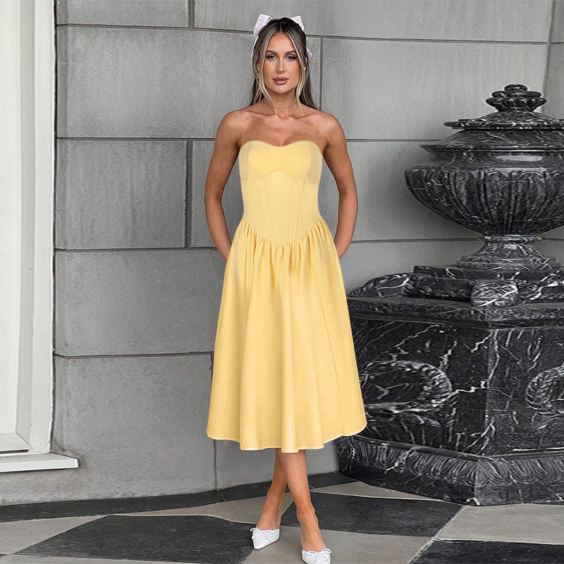 Yellow Pointed Waistline Corset Dress