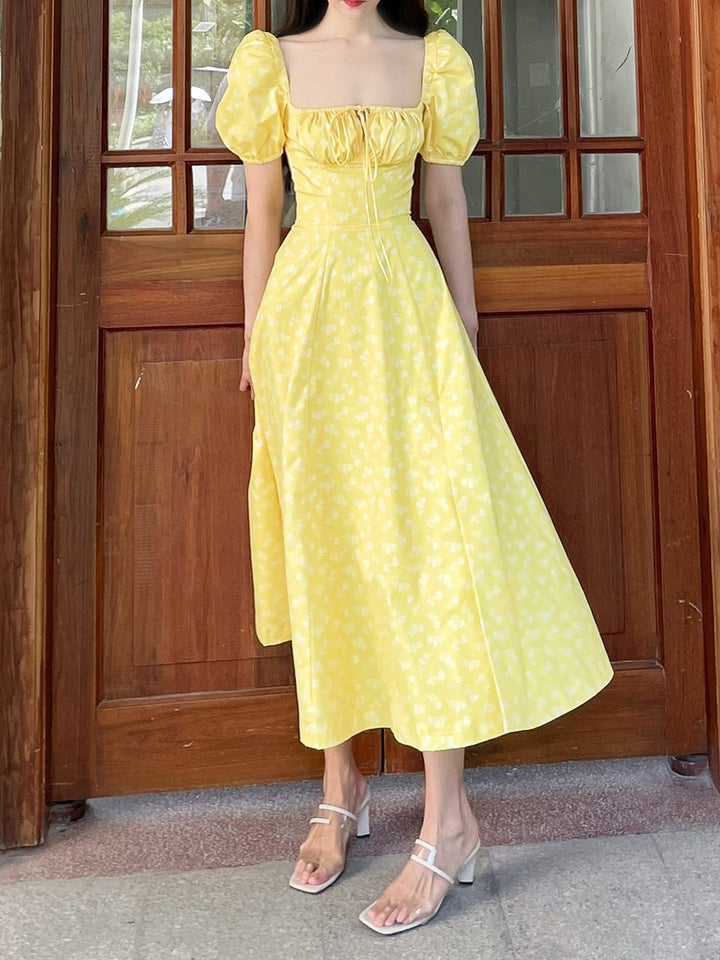 Square Neck Yellow Midi Dress With Puff Sleeve