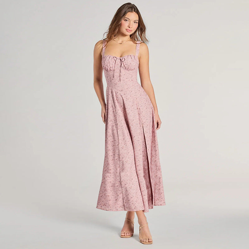Pink Strapless Slit Midi Dress