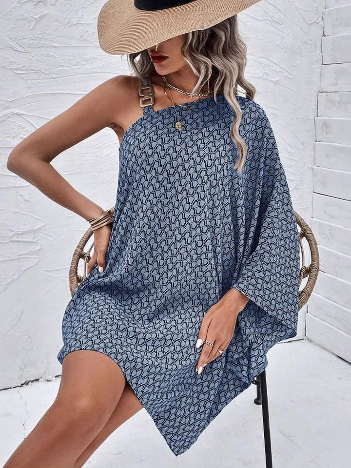 Grey One Shoulder Flare Sleeve Dress
