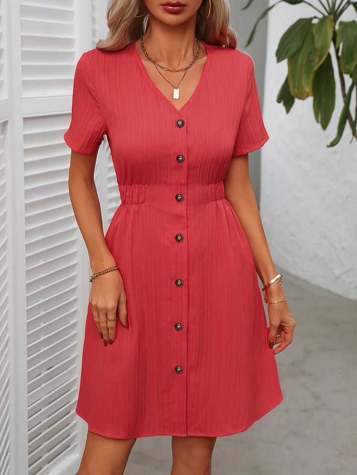 Red Button Down V Neck Solid Dress