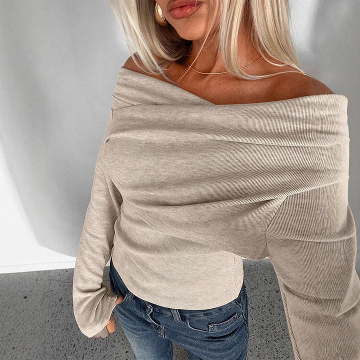 Beige Off-Shoulder Solid Top