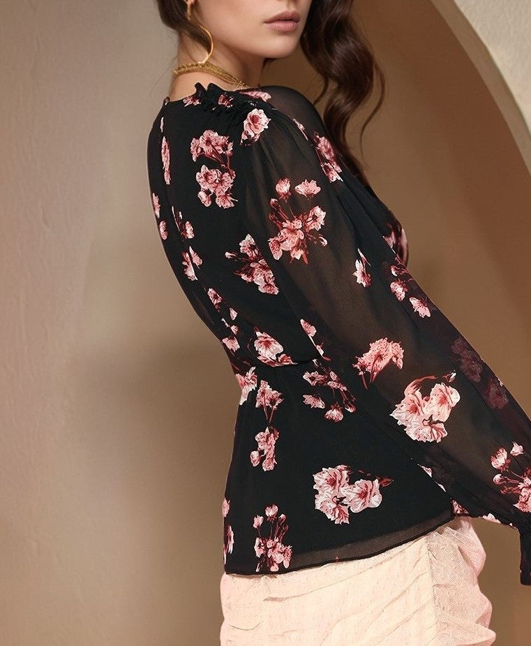 Black Bishop Sleeve V Neck Floral Printed Top