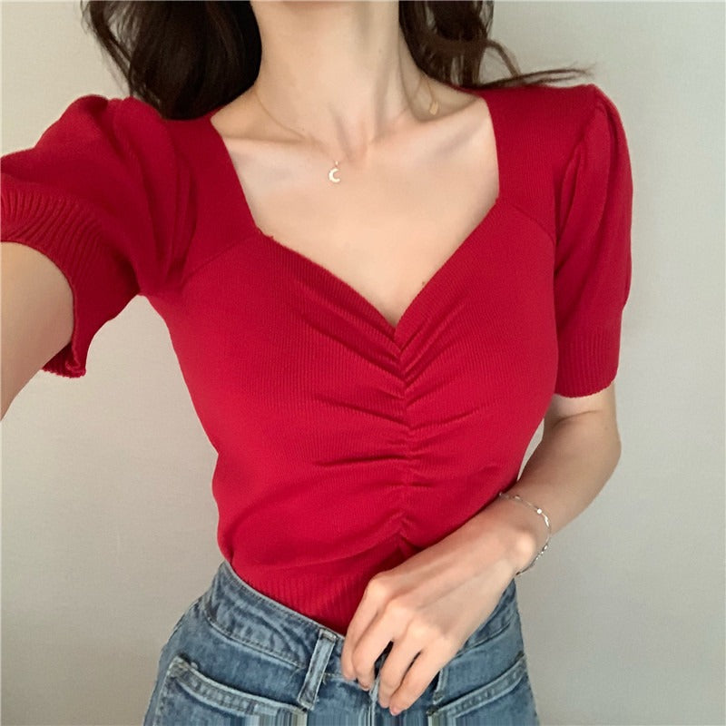 Red Sweetheart Neckline Top