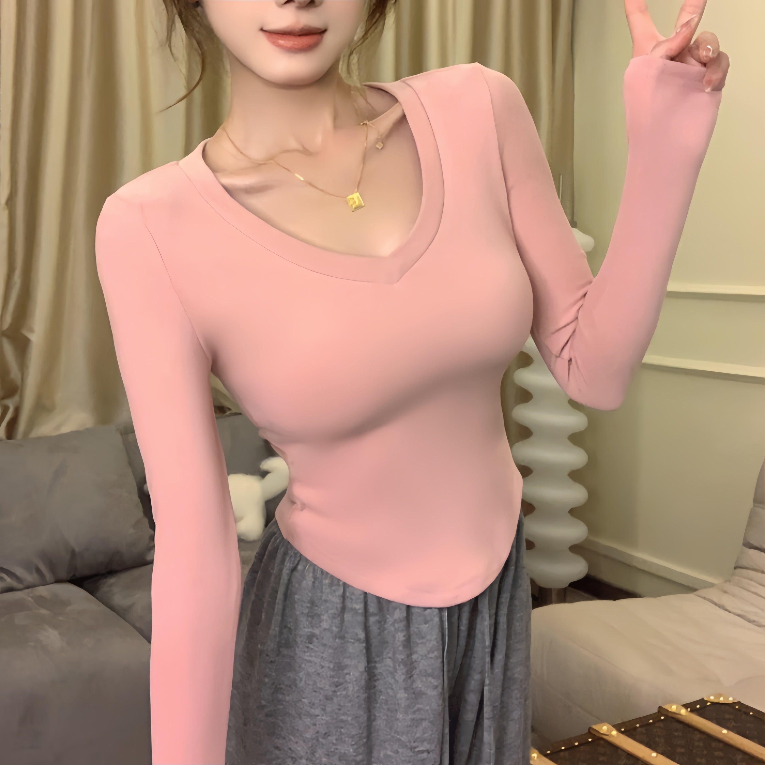 Pink V Neck Fitted Apple Hem Top