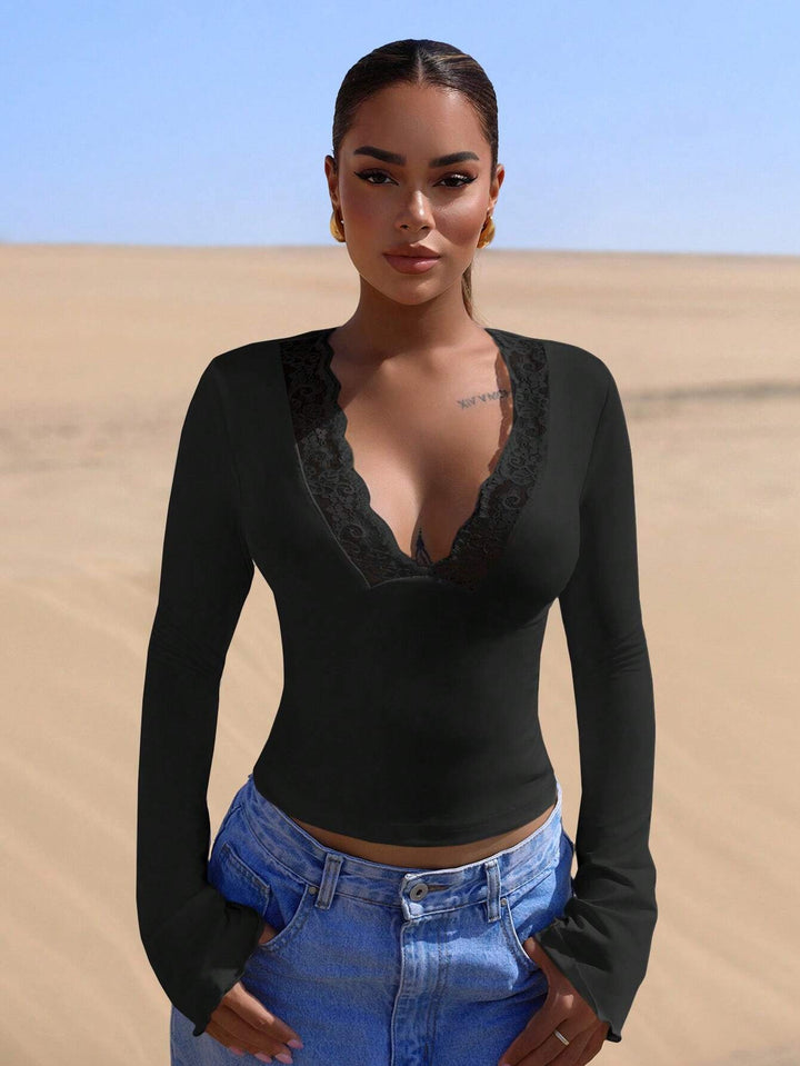 Black Full Sleeve V-Neck Top