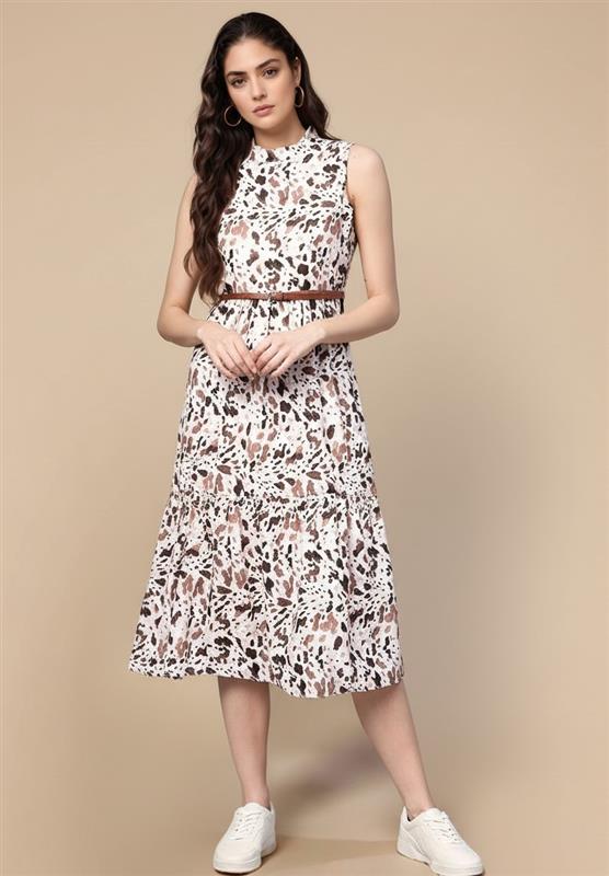 Off White Sleeveless Crew Neck Printed Waist Fitted Dress