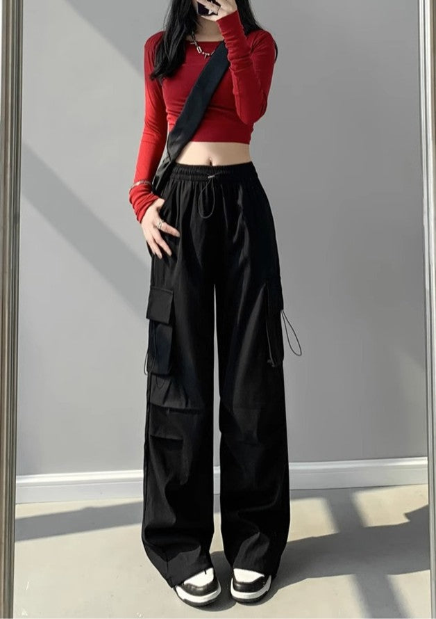 Black Drawstring Parchute Pin Tucked Cargo Pants