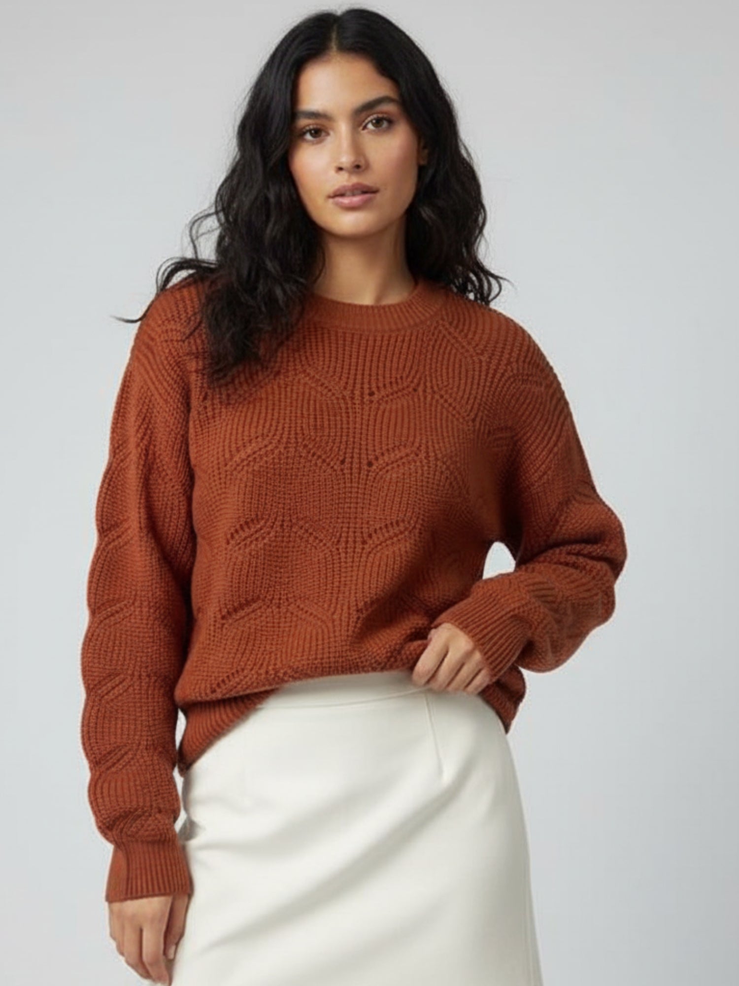 Brown Full Sleeve Round Neck Fur Slouchy Sweater