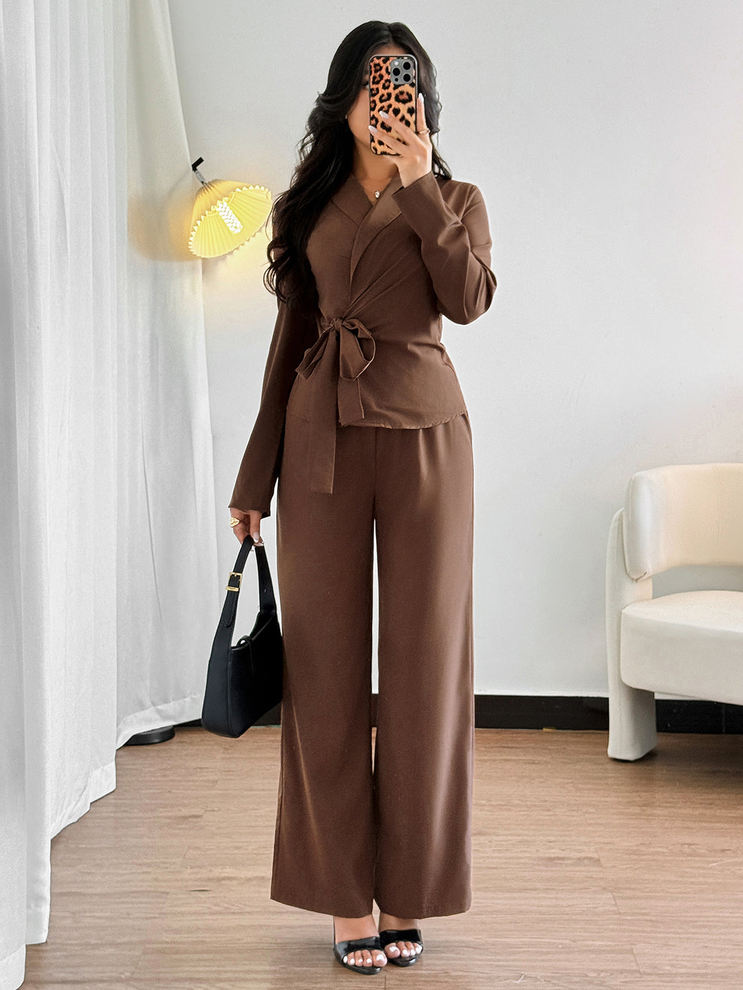 Brown Full Sleeve Wrap Shirt And Pant Set