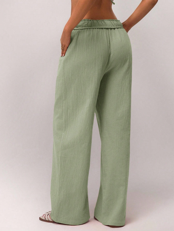Light Green High Waist Drawstring Wide Leg Trouser