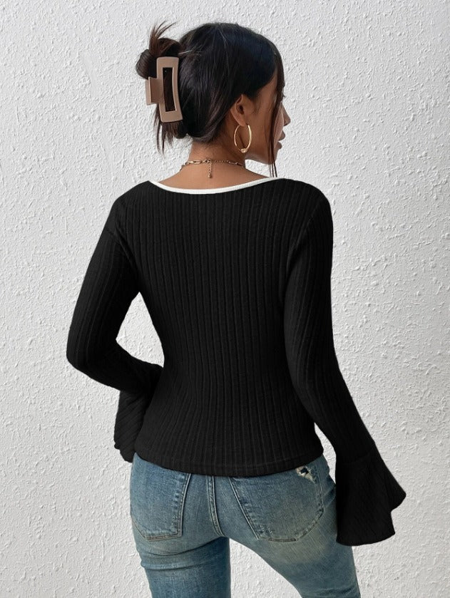Black U Neck Contrast Tiping Full Sleeves Fitted Top