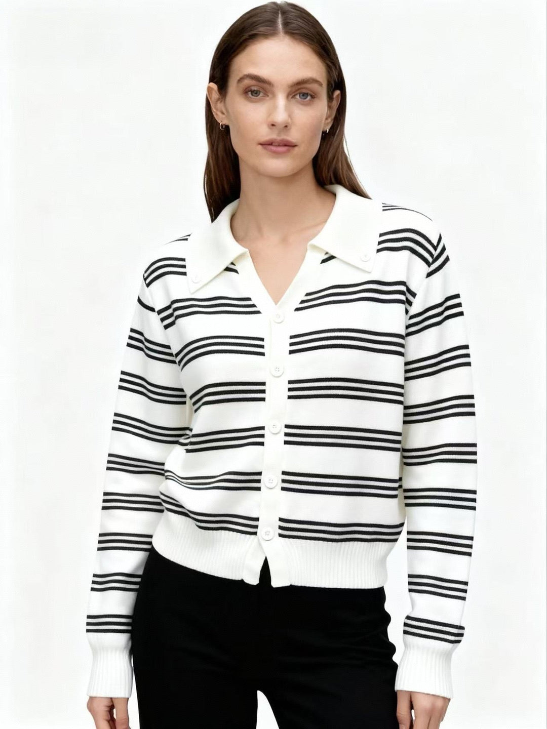 White Full Sleeve Striped Collared Cardigan