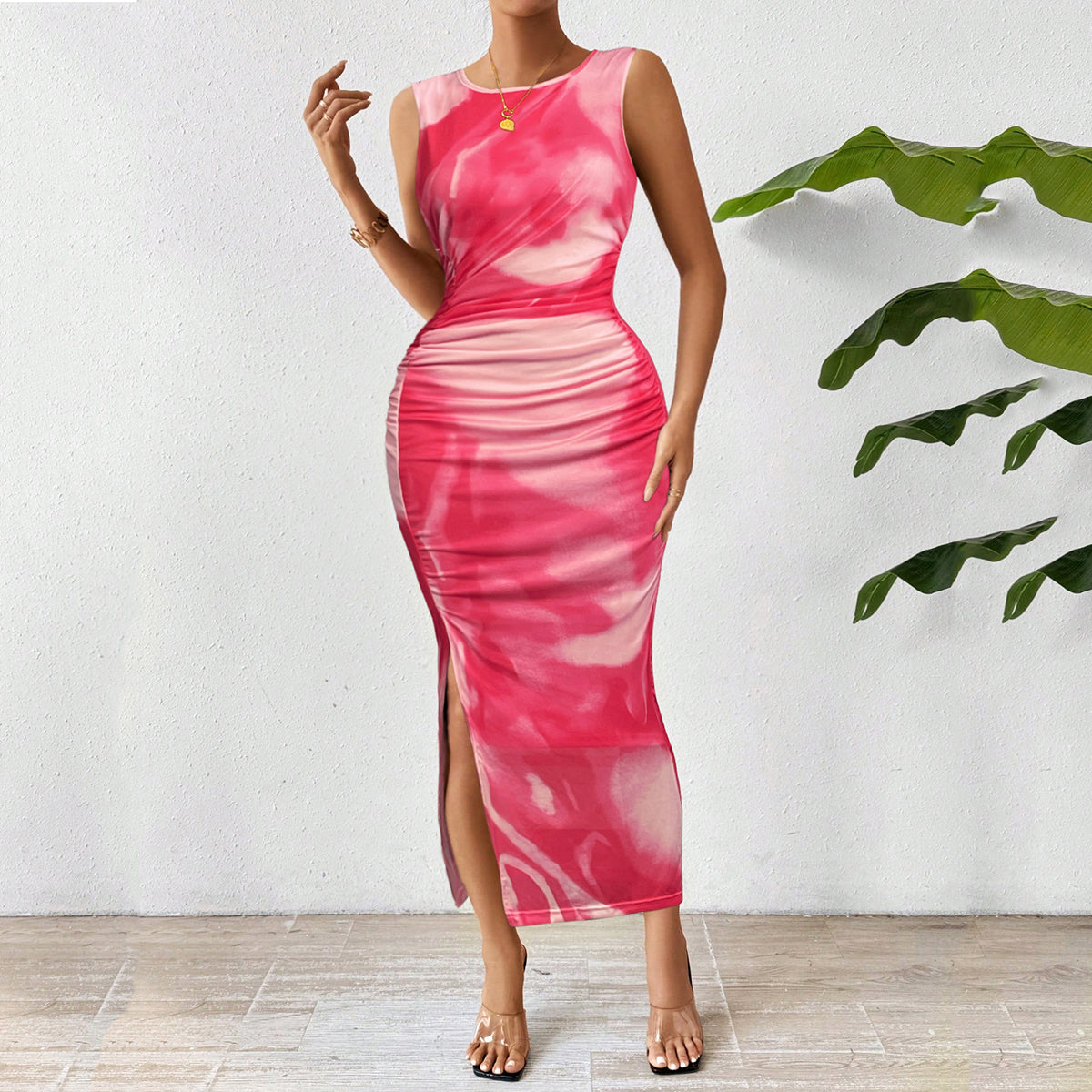 Pink Fitted Midi Dress With Side Ruching Detail