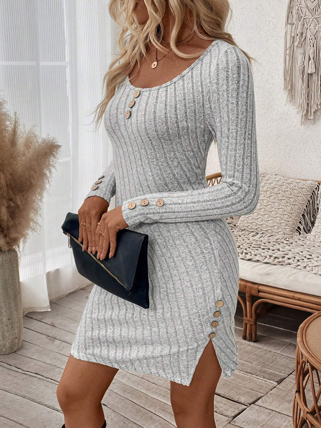 Grey Full Sleeve Fitted Dress