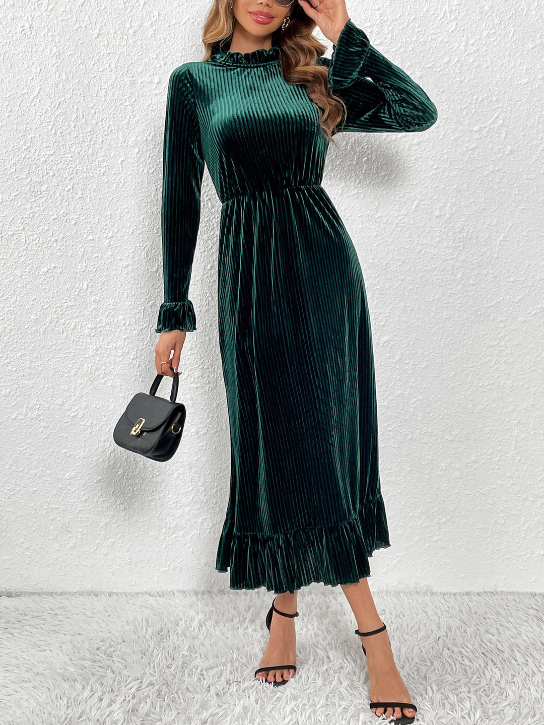 Green High Neck Velour Dress