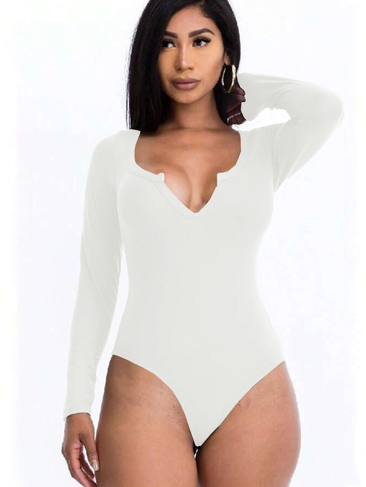 Off White Full Sleeved Scoop V-Neck Bodysuit