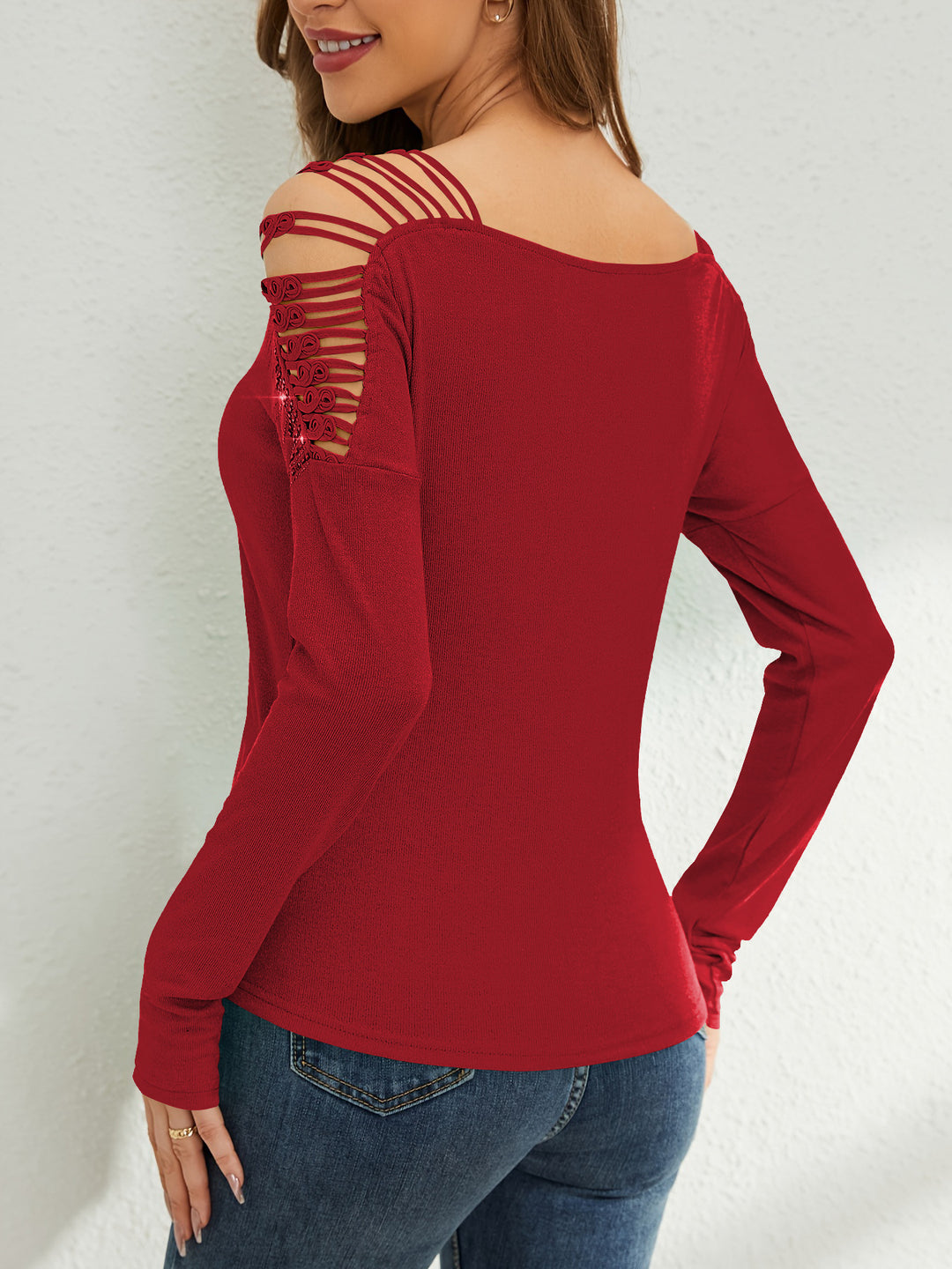 Red Full Sleeve Shoulder Cut-Out Detail Top