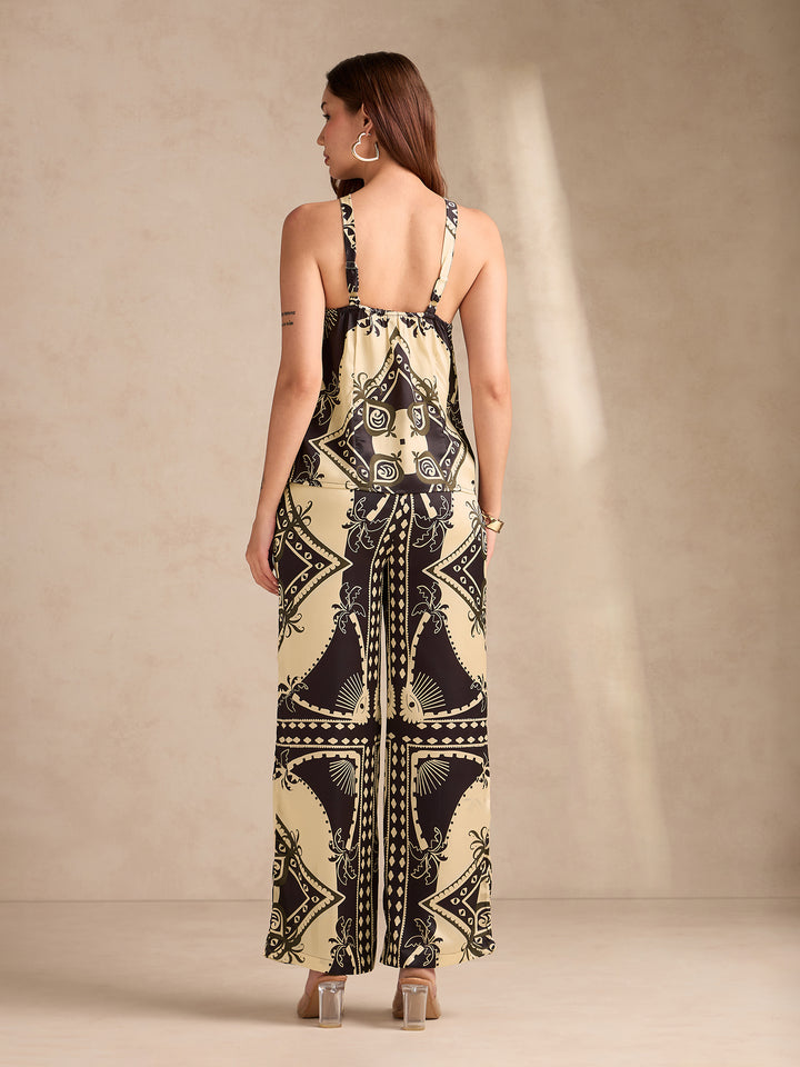 Black Scarf Print Coord Set With Halter Neck Assymentric Top Paired With Straight Fit Trousers