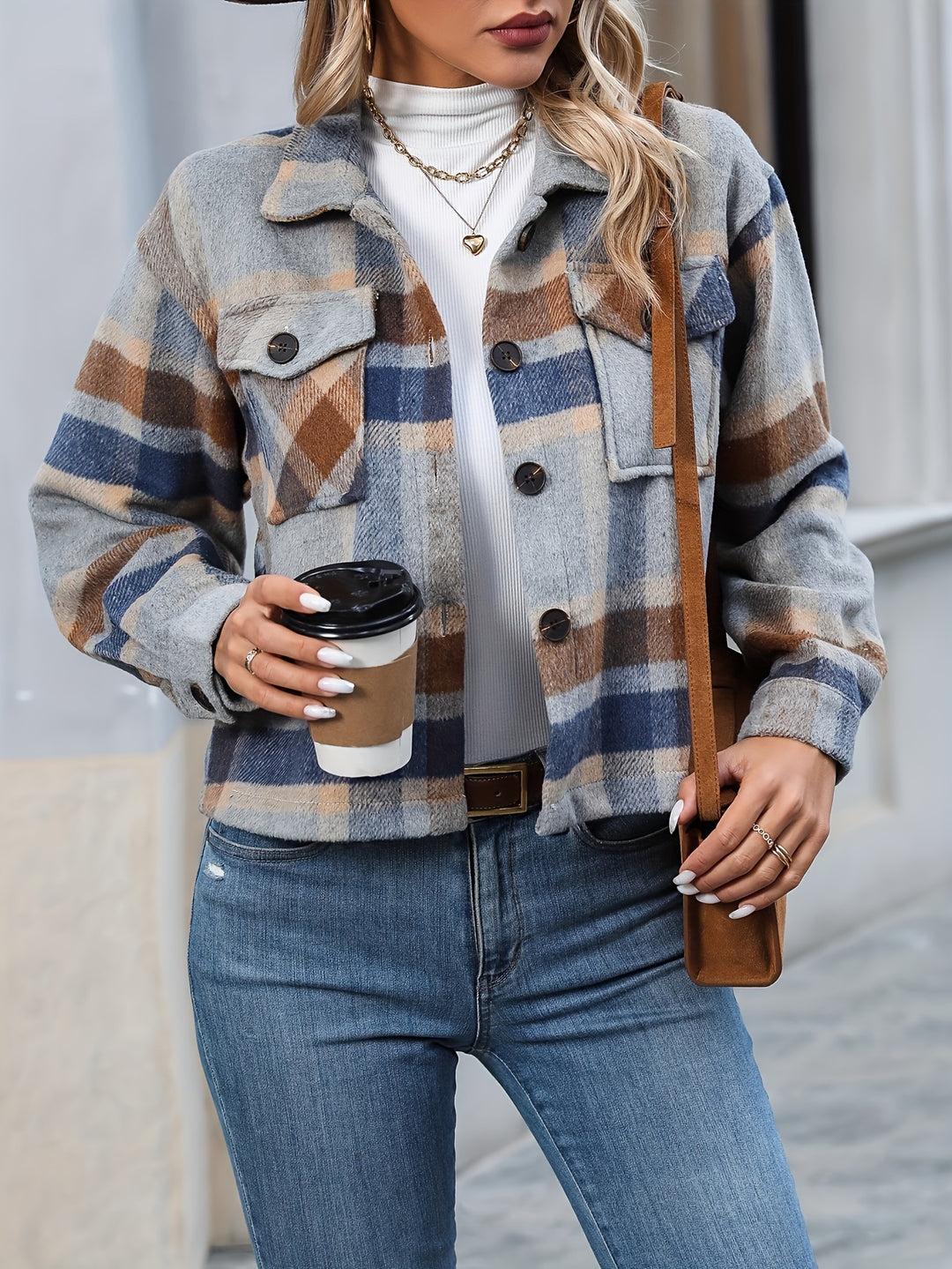 Blue Cropped Checkered Shacket