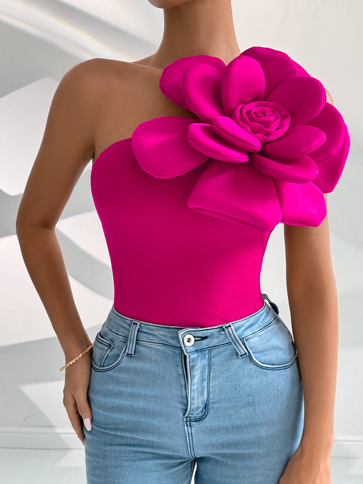Pink One Shoulder Flower Attached Top