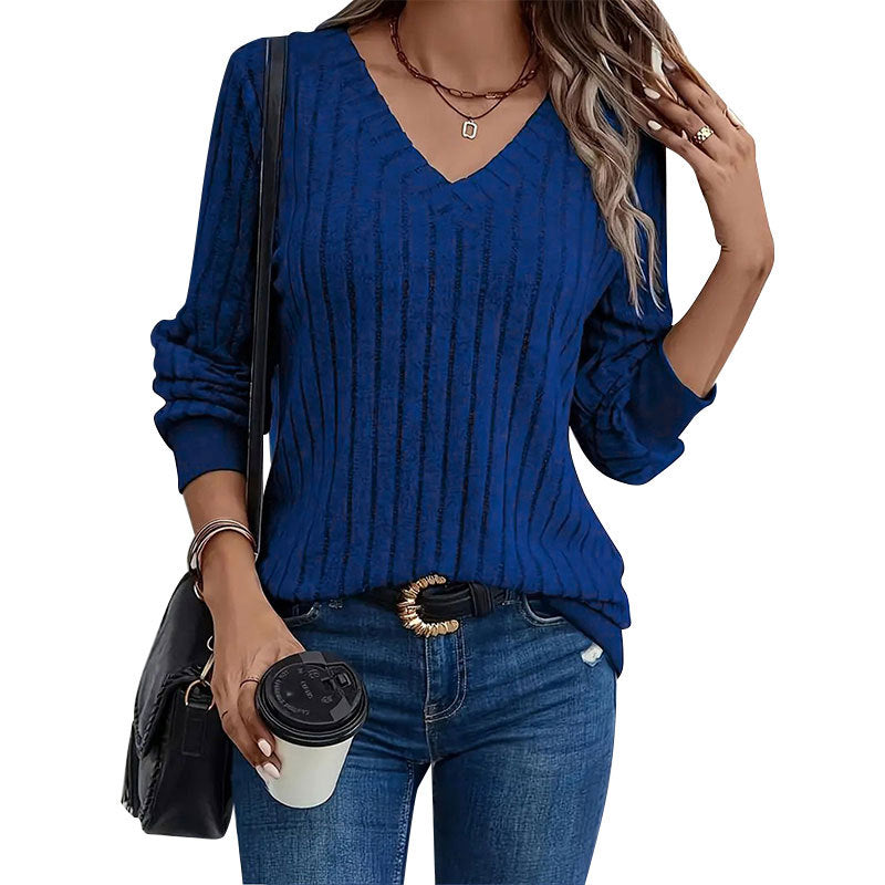 Blue V-Neck Spaced Rib Top
