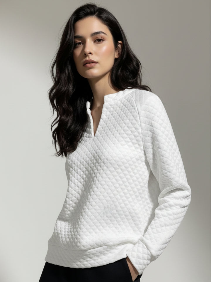 White Textured V Neck Sweatshirt