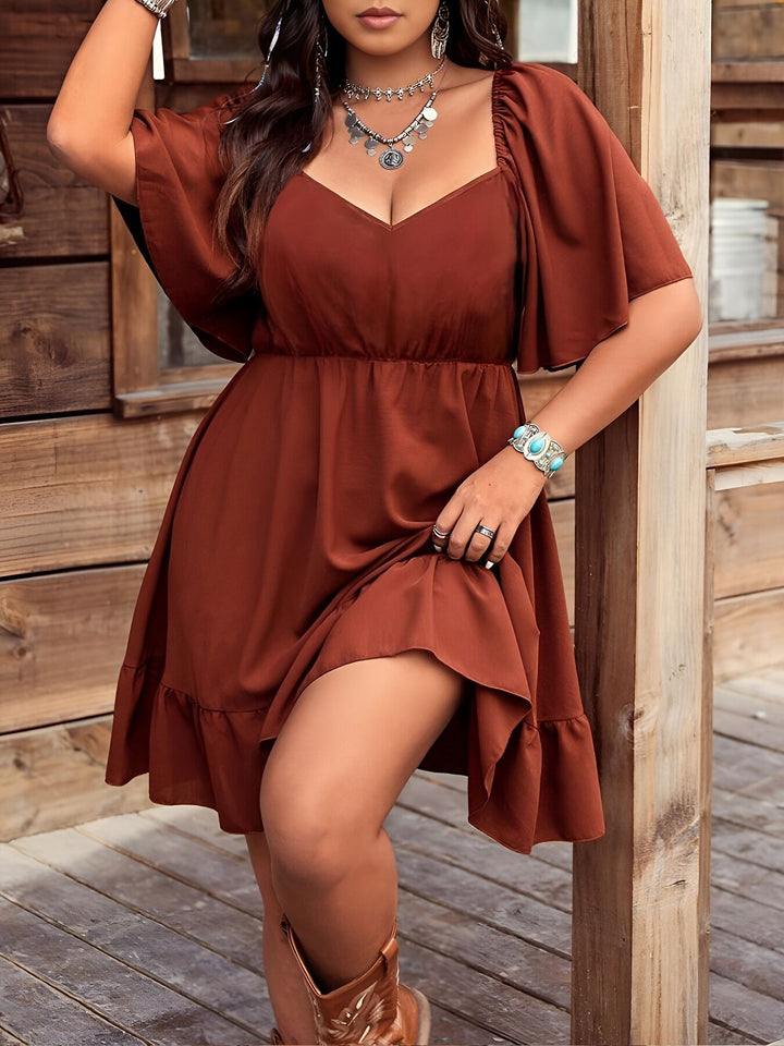 Brown V Neck Flared Sleeve Dress