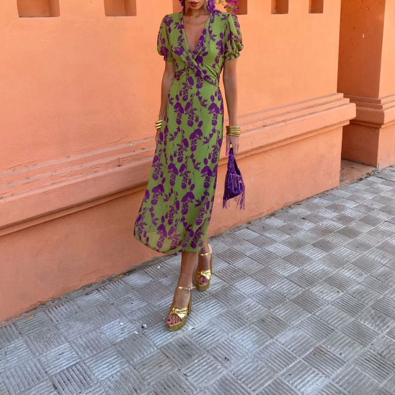 Green Plunge Wrap Neck Printed Dress