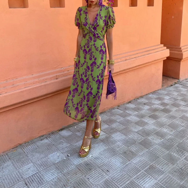 Green Plunge Wrap Neck Printed Dress