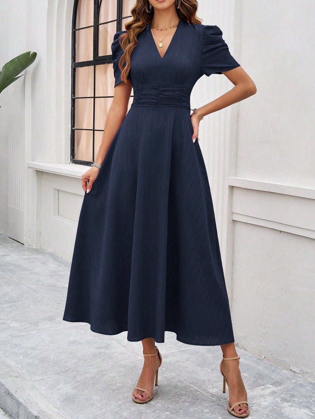 Navy Blue Fit And Flare Midi Dress