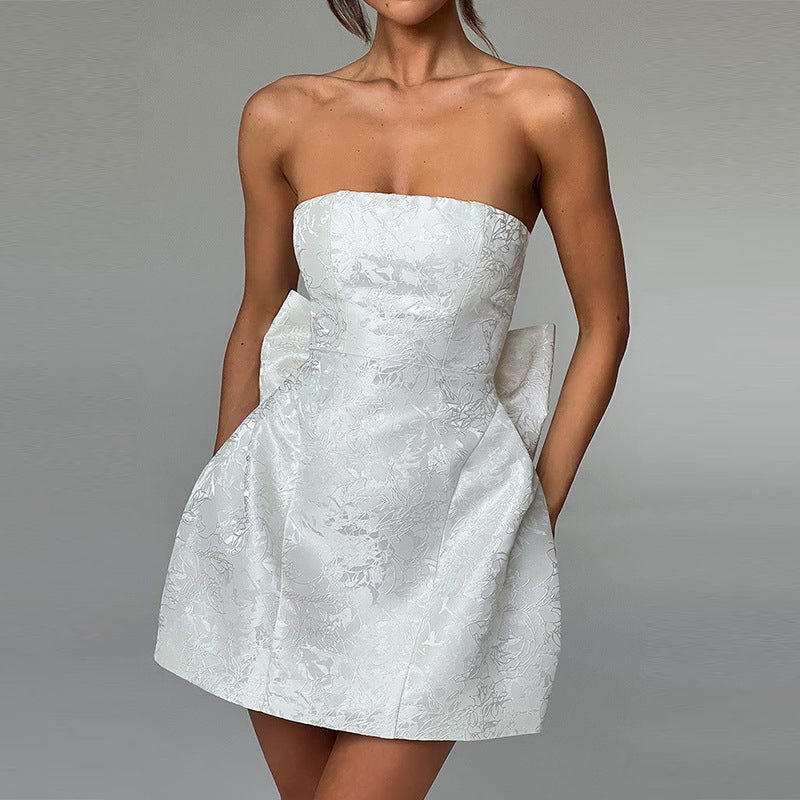 White Bardot Floral Jacquard Skater Dress With Big Bow At Back