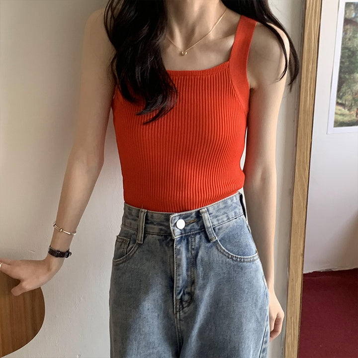 Orange Square Neck Flat Knit Tank Top