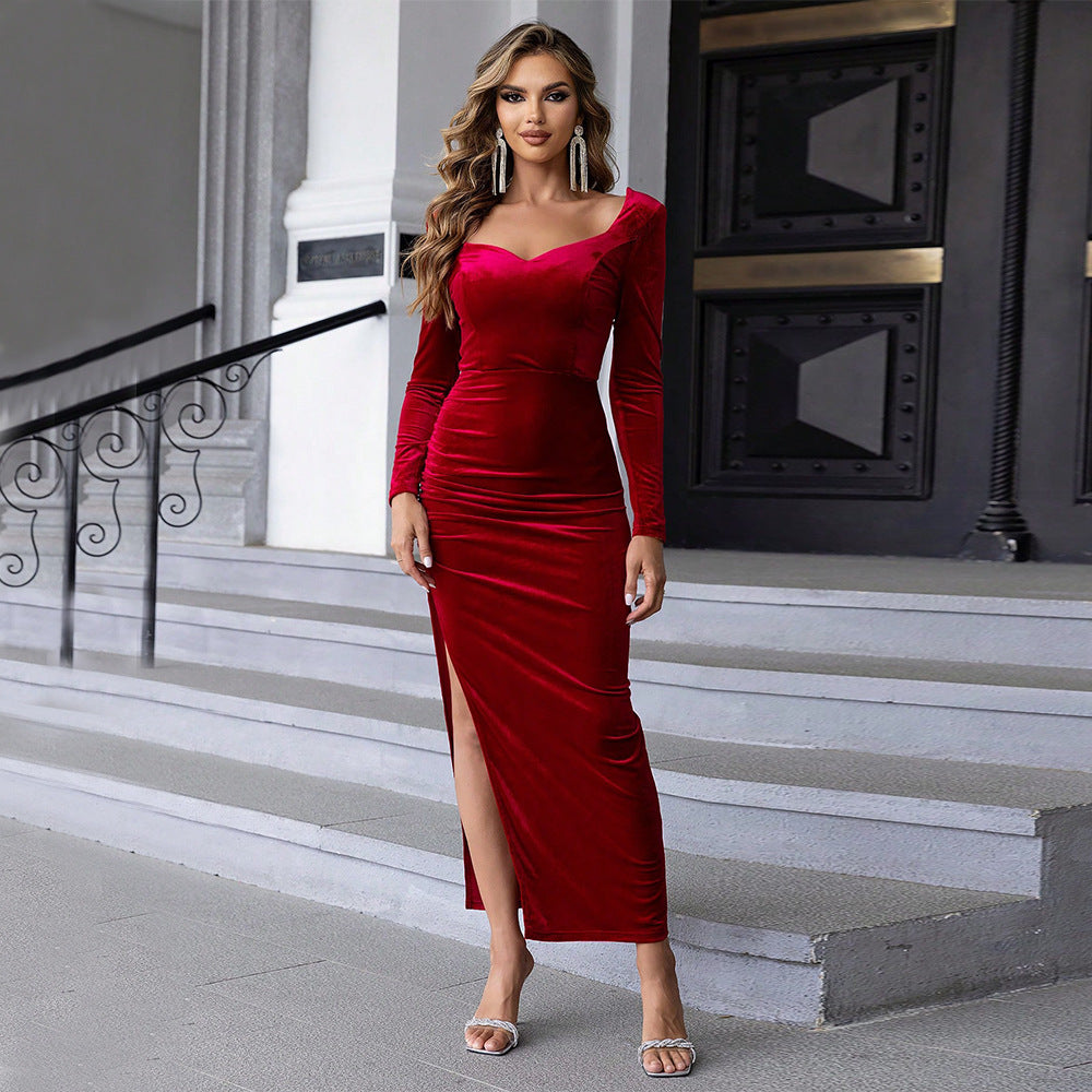 Red Sweetheart Neckline Velour Dress