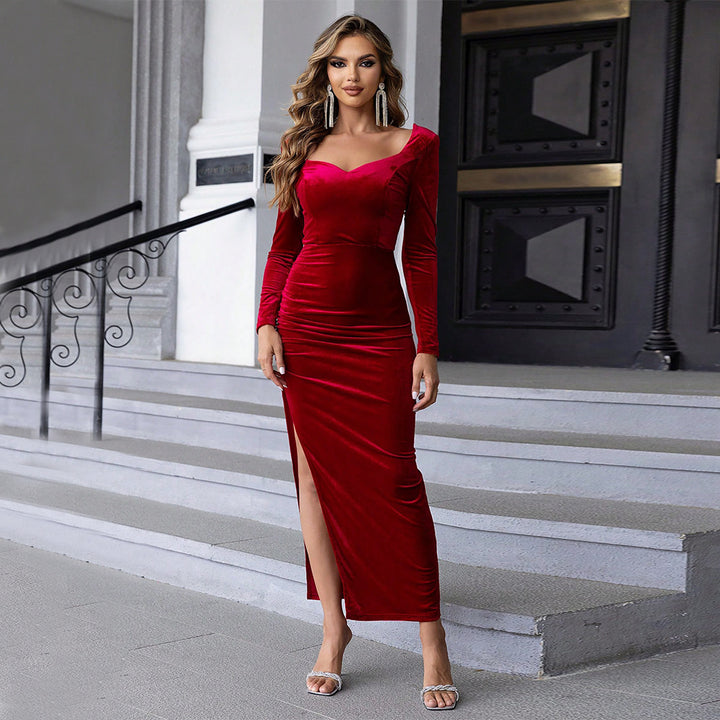 Red Sweetheart Neckline Velour Dress