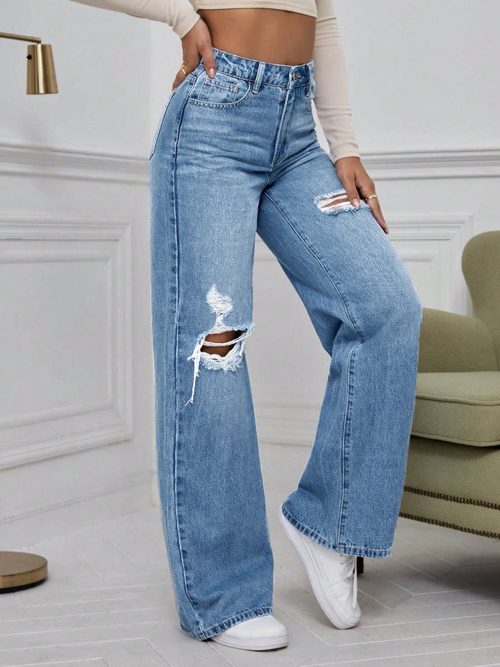 Blue Knee And Thigh Distressed Baggy Jeans