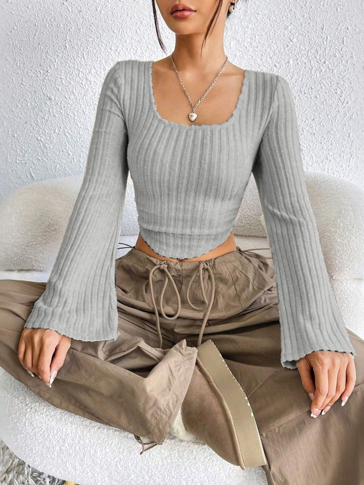 Grey Bell Sleeve U-Hem Top