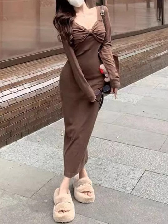 Brown Aline Midi Dress With Bow Detail