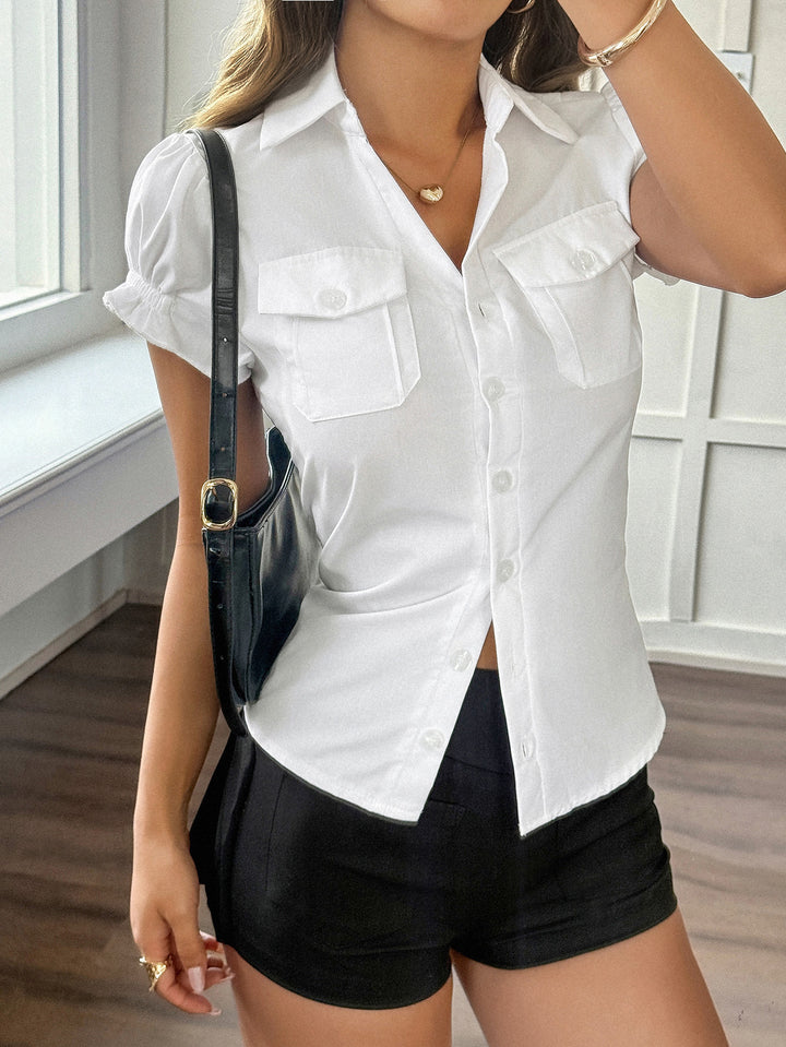 White Short Puff Sleeve Double Pocket Solid Shirt