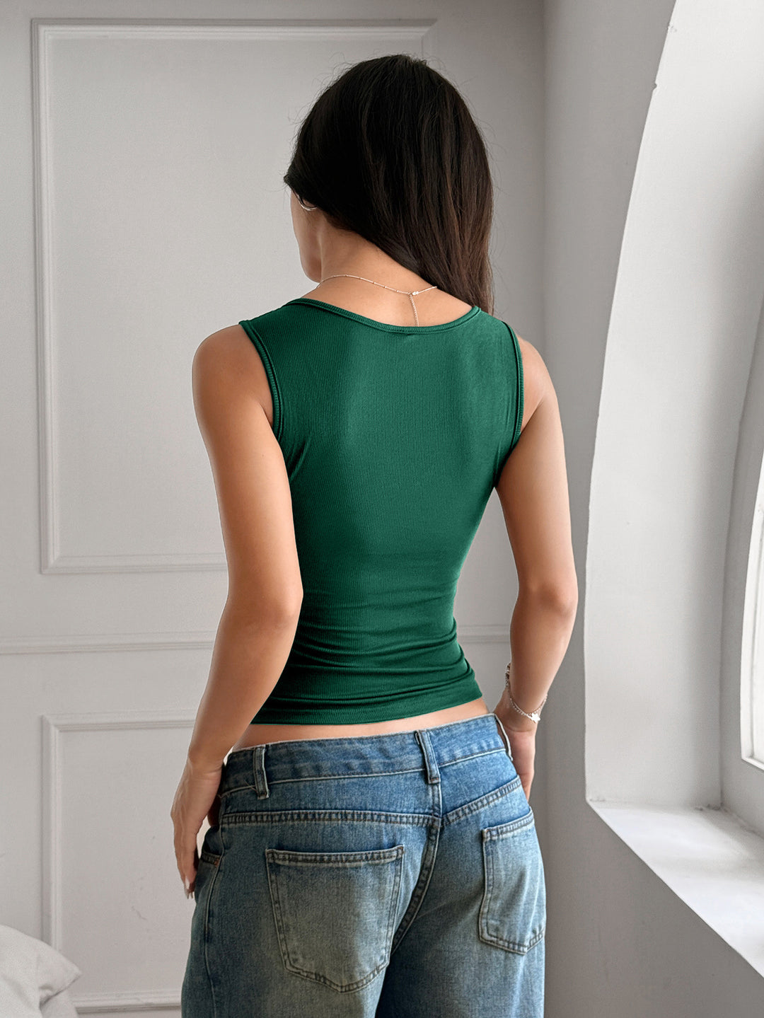 Green Deep Neck Button Down Top