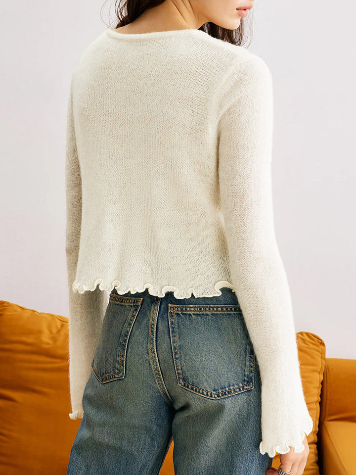 Off White Full Sleeves Flower Button Solid Cardigan