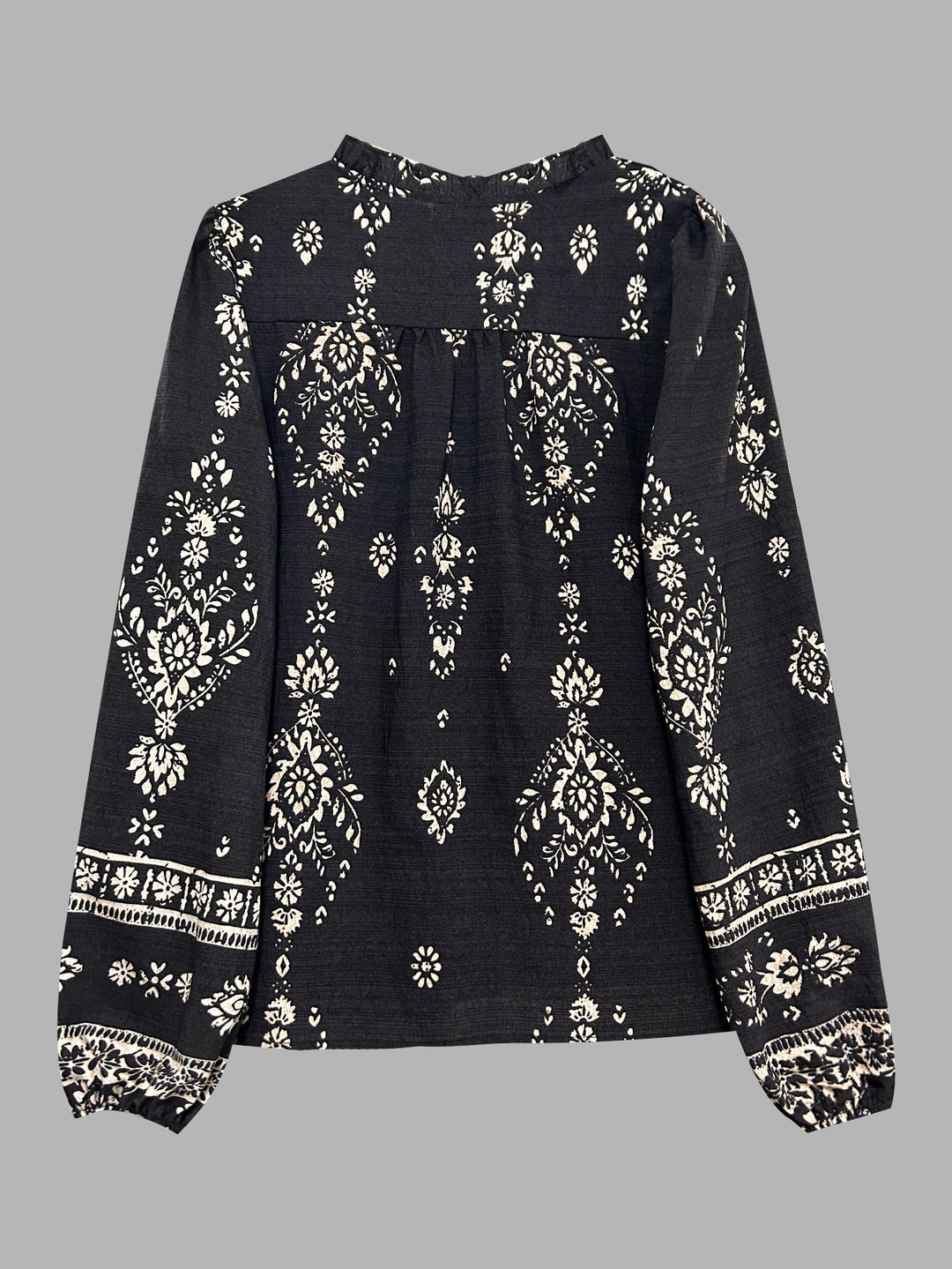 Black Bishop Sleeve Front Buttoned Printed Top