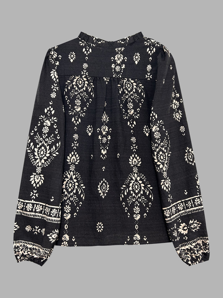 Black Bishop Sleeve Front Buttoned Printed Top