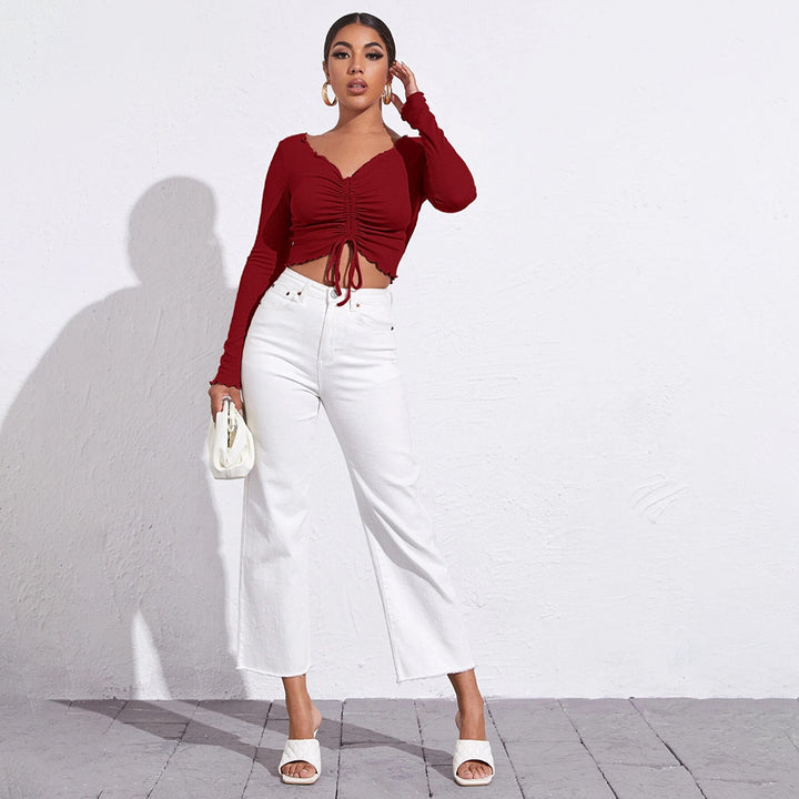 Red Full Sleeved V-Neck Ruched Top