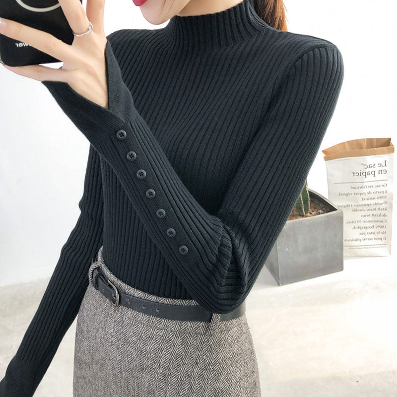 Black High Neck Top with Sleeve Buttons