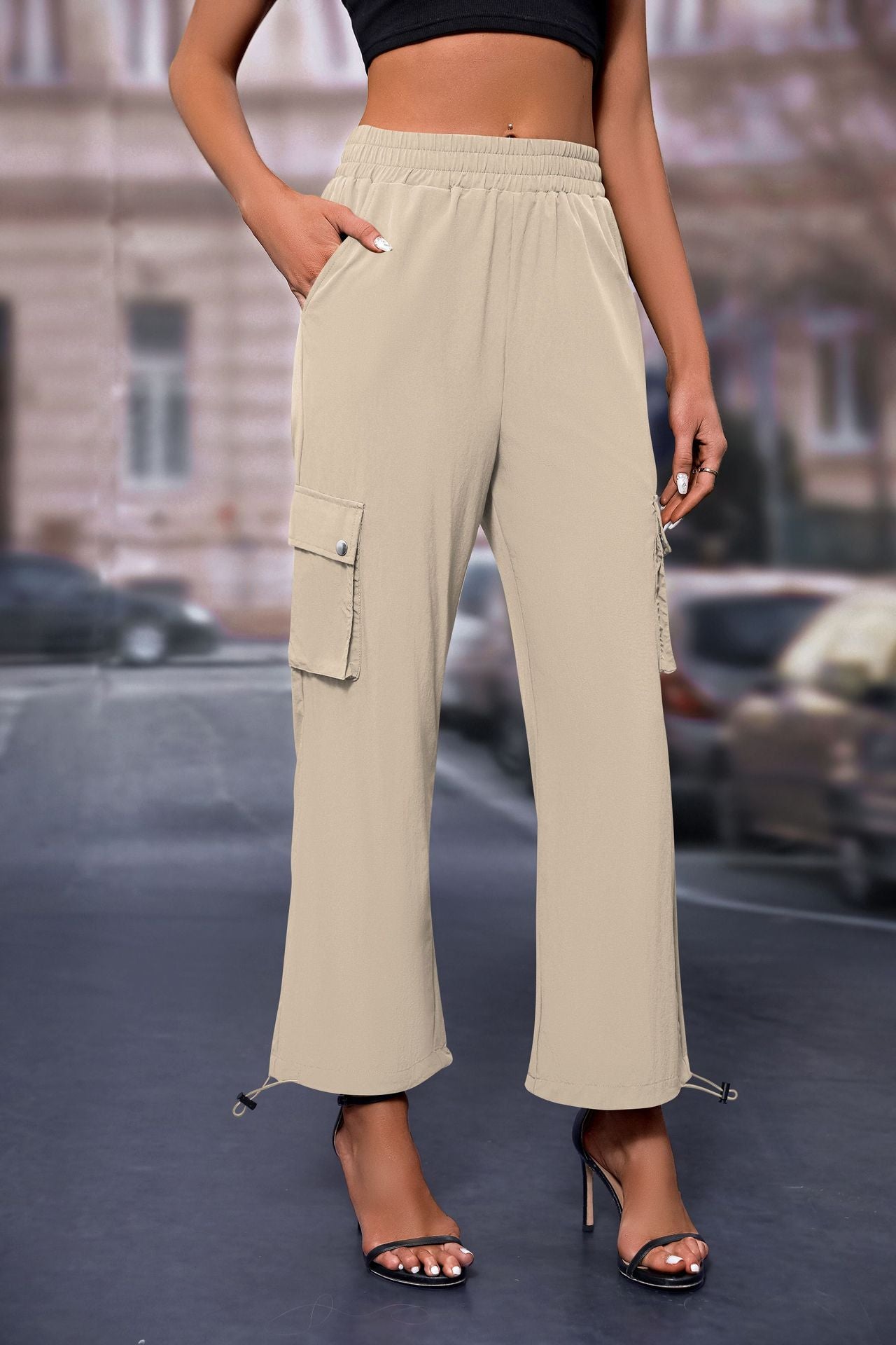 Cream Elasticated Parachute Cargo Sweatpants