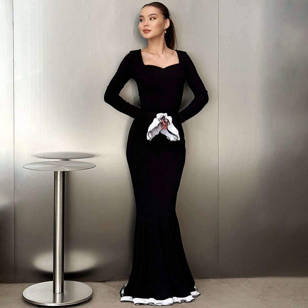Black Full Sleeve Fitted And Flare Maxi Dress