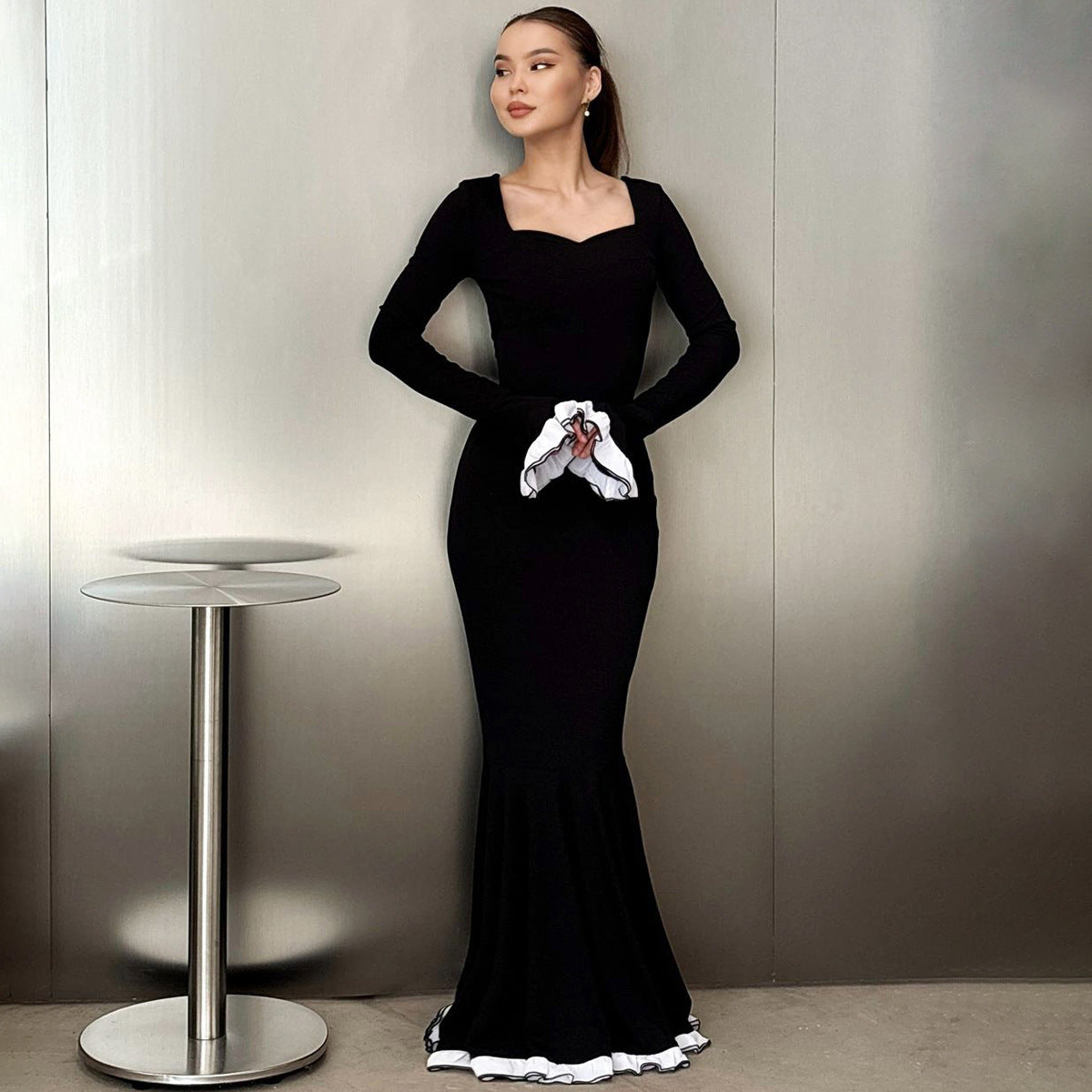 Black Full Sleeve Fitted And Flare Maxi Dress