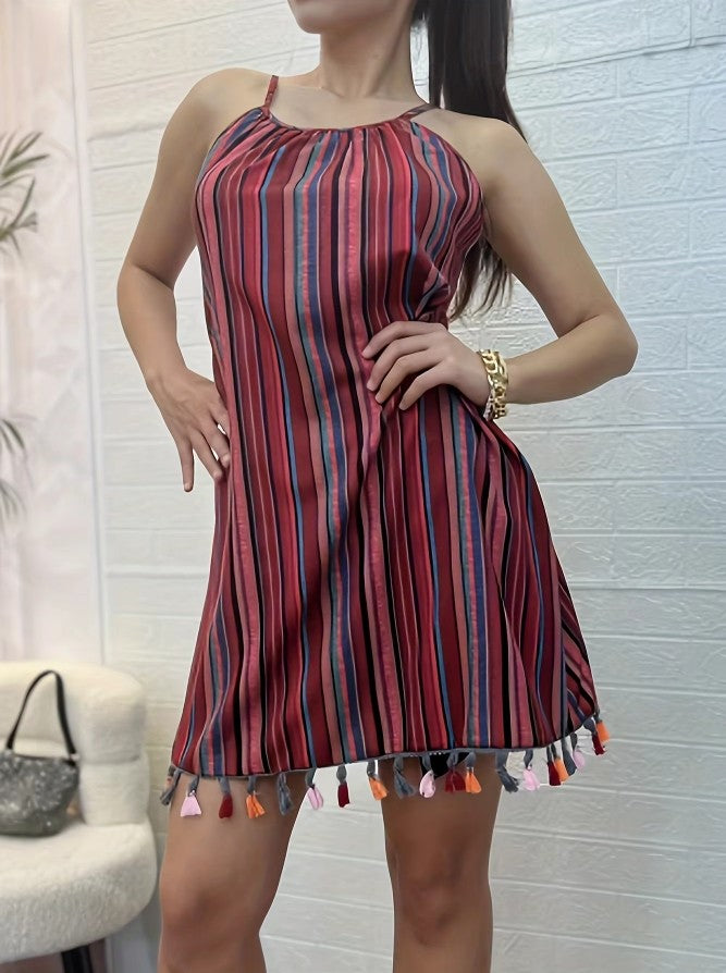 Red Sleeveless Strap Tassels Mini Dress