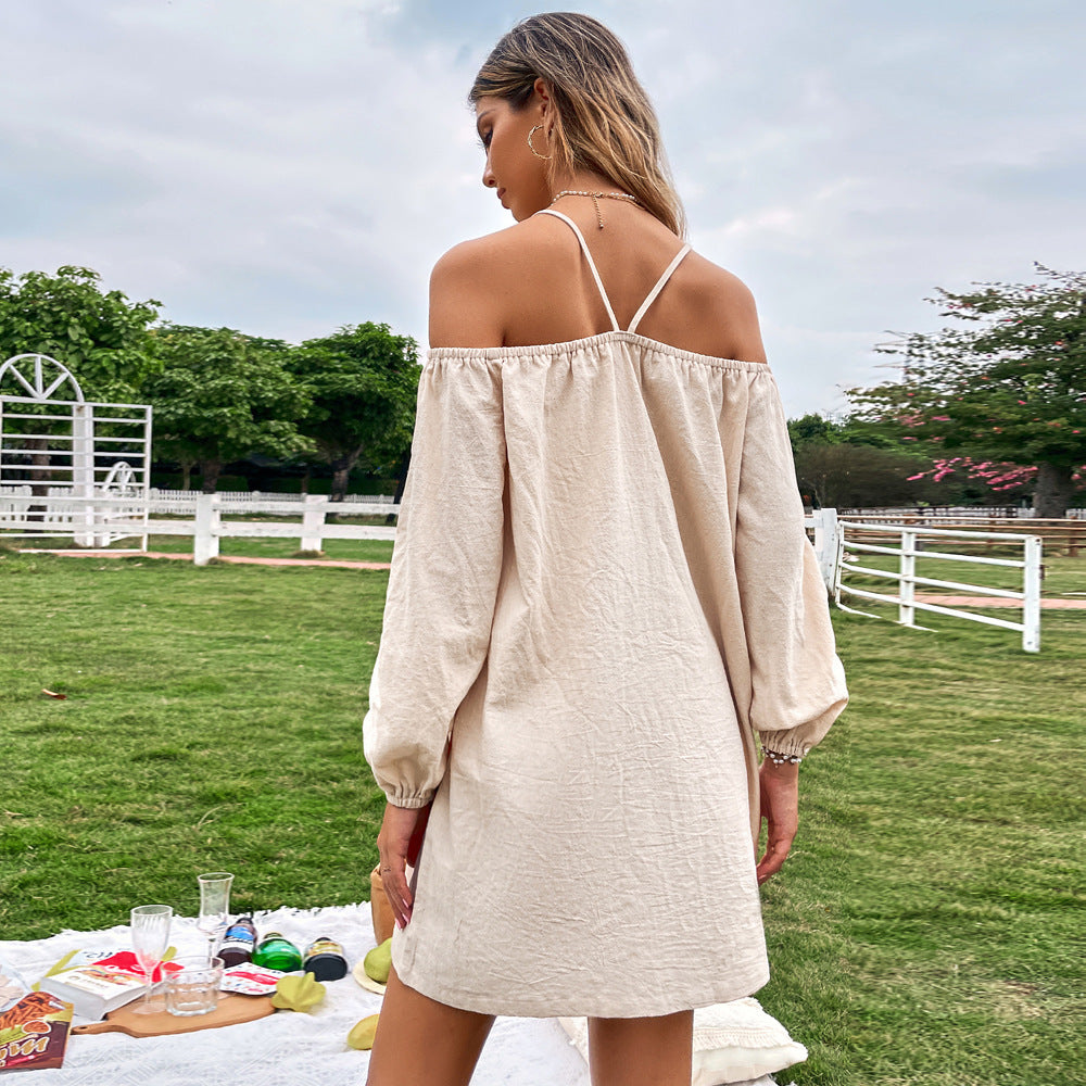 Khaki Cold Shoulder Bishop Sleeve Dress